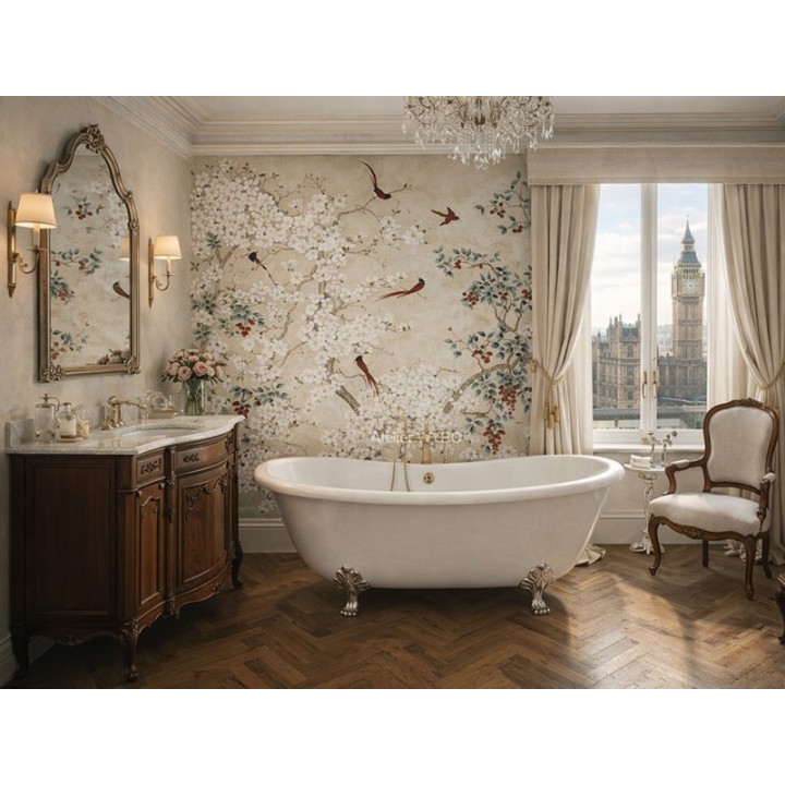 Décor panoramique salle de bain florale, atmosphère de plénitude absolue.