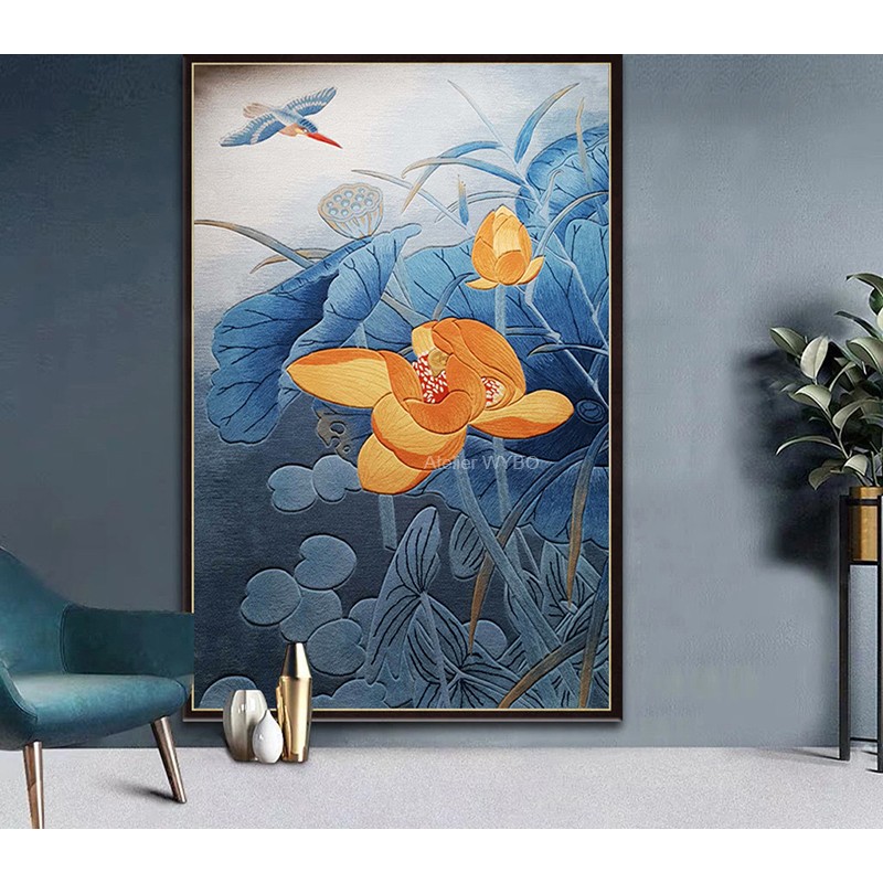 Lotus jaune et oiseau dans la nuit, ton bleu