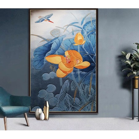 Lotus jaune et oiseau dans la nuit, ton bleu