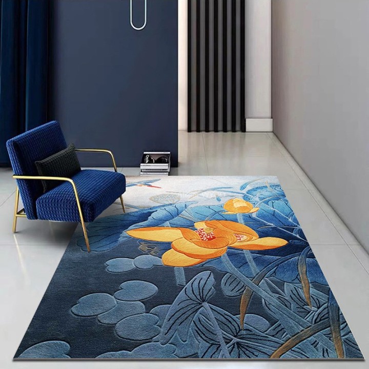 Tapis Bleu Salon Fleur Jaune Oiseau Bleu Pur Laine Sur Mesure