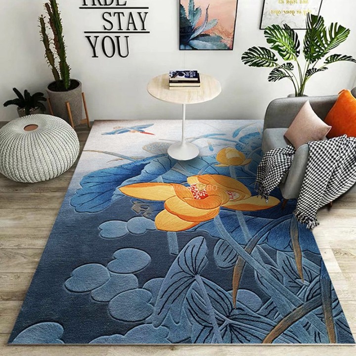 Tapis Bleu Salon Fleur Jaune Oiseau Bleu Pur Laine Sur Mesure
