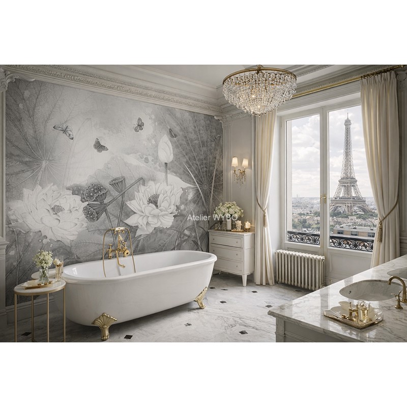 Crédence XXL panoramique, salle de bain fleurie lotus gris et blanc style zen japonais.