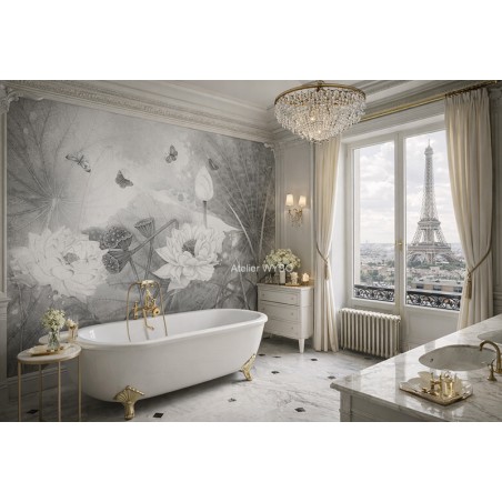 Crédence XXL panoramique, salle de bain fleurie lotus gris et blanc style zen japonais.