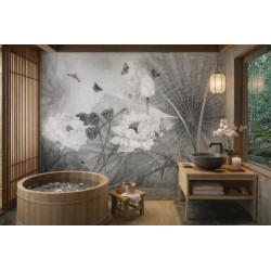 Panneau de douche chinoiserie florale - Lotus et papillons niveau de gris