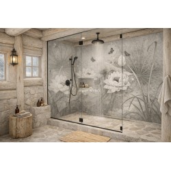 Panneau de douche chinoiserie florale - Lotus et papillons niveau de gris