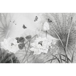 Panneau de douche chinoiserie florale - Lotus et papillons niveau de gris