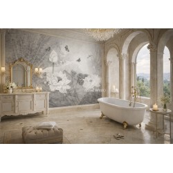 Panneau de douche chinoiserie florale - Lotus et papillons niveau de gris