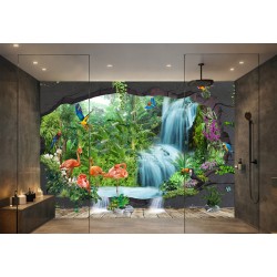 Panneau 3D Salle de Bain "Évasion Tropicale" : Cascade, Flamants Roses et Faune Exotique