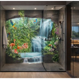 Panneau Mural 3D Douche Cascade Flamant Rose | Étanche & Sur-Mesure