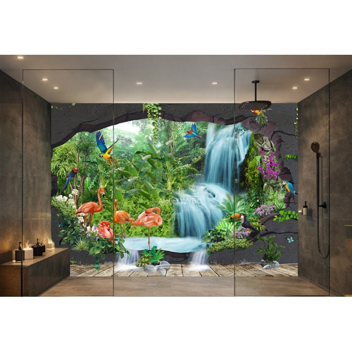 Panneau de douche étanche paysage panoramique, bananier, chute d'eau et mur caddé effet 3D.