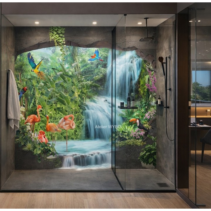 Panneau de douche italienne cascade dans la jungle, dimensions et découpe sur mesure.