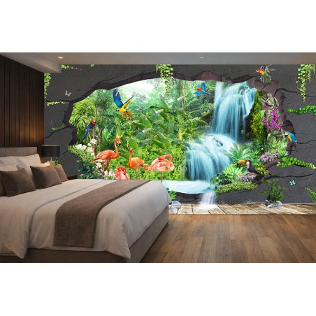 Papier peint 3d chambre d'hôtel, cascade et flamman rose effet de profondeur.