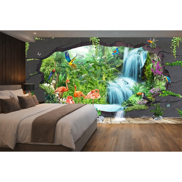 Papier peint 3d chambre d'hôtel, cascade et flamman rose effet de profondeur.