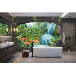Papier peint panoramique trompe l'oeil 3D pour salle de bain, forêt tropicale et oiseaux exotiques.