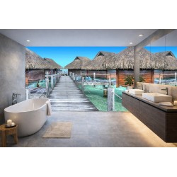 Paysage Trompe l'Œil 3D Déco Salle de Bain Douche Italienne - Maison flottante, Mer Tropicale