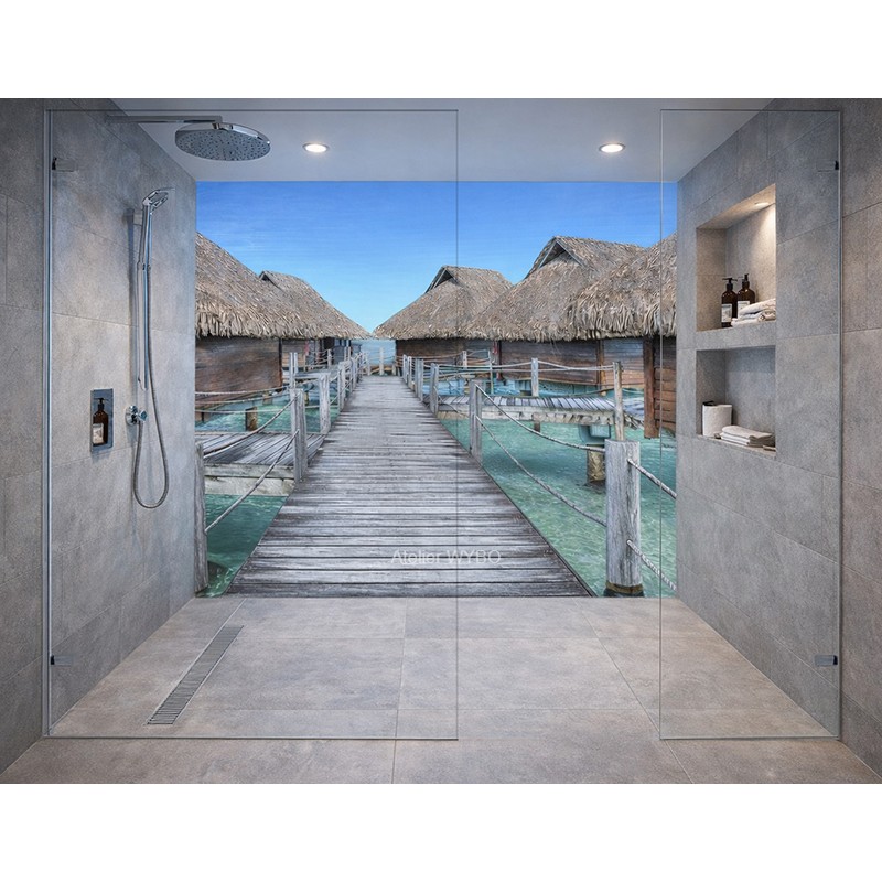 Paysage Trompe l'Œil 3D Déco Salle de Bain Douche Italienne - Maison flottante, Mer Tropicale