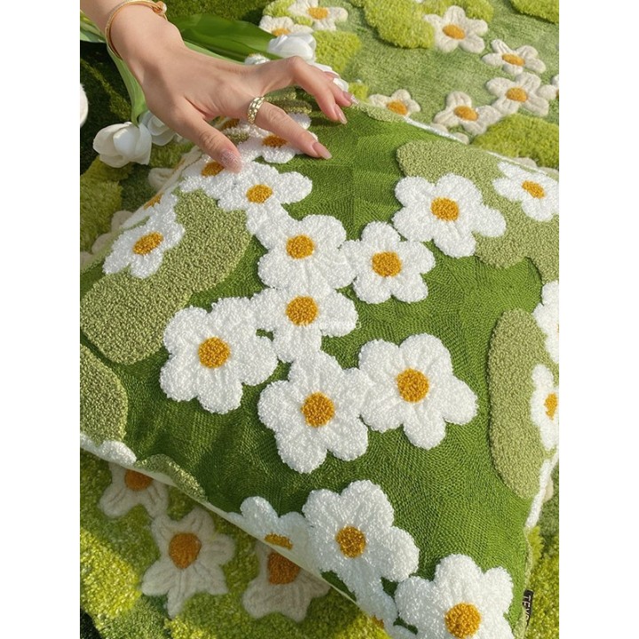 Coussin Vert Marguerite et Pelouse, Housse Texturée Déco Floral Canapé et Lit