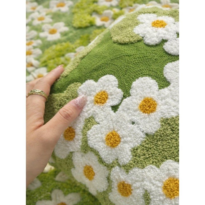 Coussin Vert Marguerite et Pelouse, Housse Texturée Déco Floral Canapé et Lit