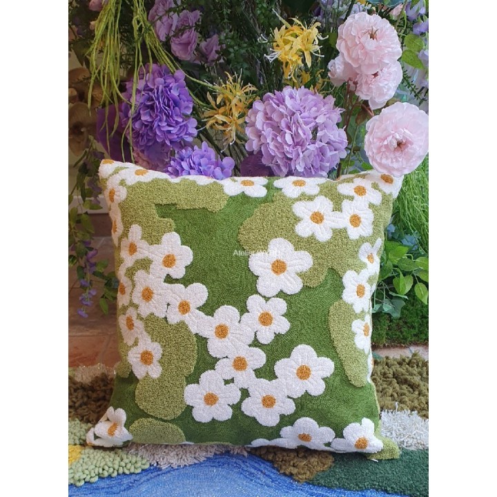 Coussin Vert Marguerite et Pelouse, Housse Texturée Déco Floral Canapé et Lit