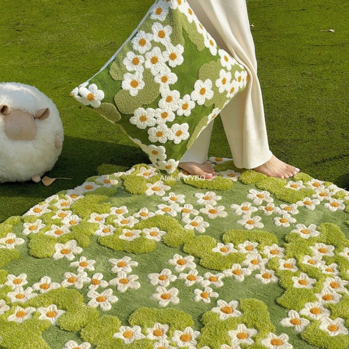 Coussin Vert Marguerite et Pelouse, Housse Texturée Déco Floral Canapé et Lit