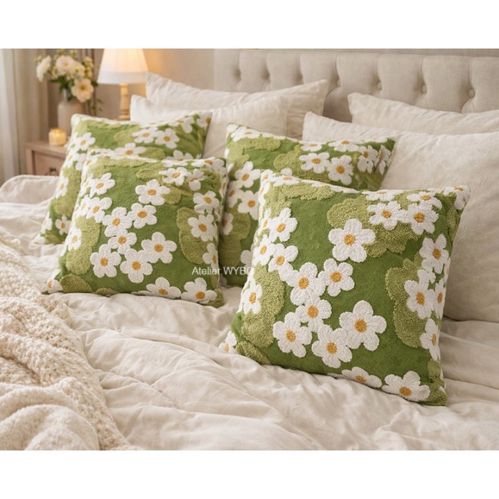 Coussin Vert Marguerite et Pelouse, Housse Texturée Déco Floral Canapé et Lit