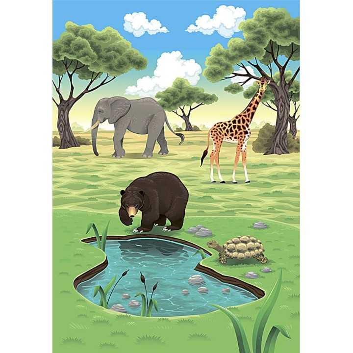 Poster Géant Pour Enfant Paysage Savane Eléphant Girafe Ours