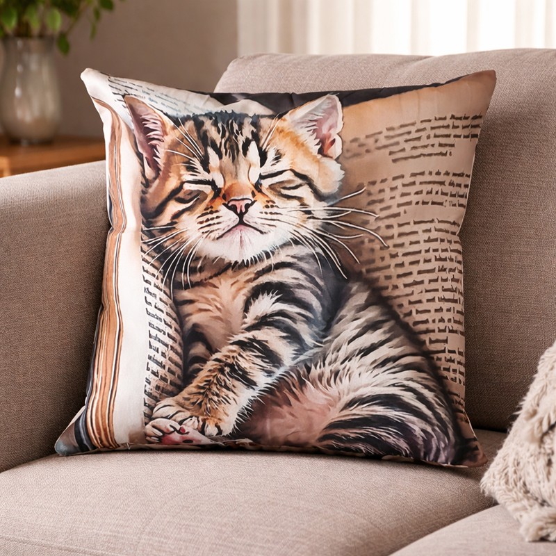 Coussin mignon déco canapé, chaton tigré dormant sur un livre ouvert.