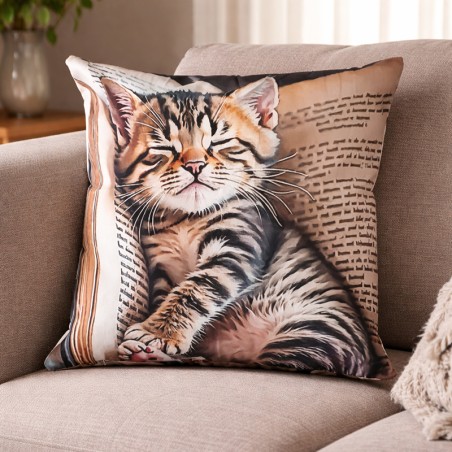 Coussin mignon déco canapé, chaton tigré dormant sur un livre ouvert.
