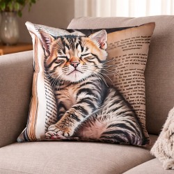 Coussin mignon déco canapé, chaton tigré dormant sur un livre ouvert.