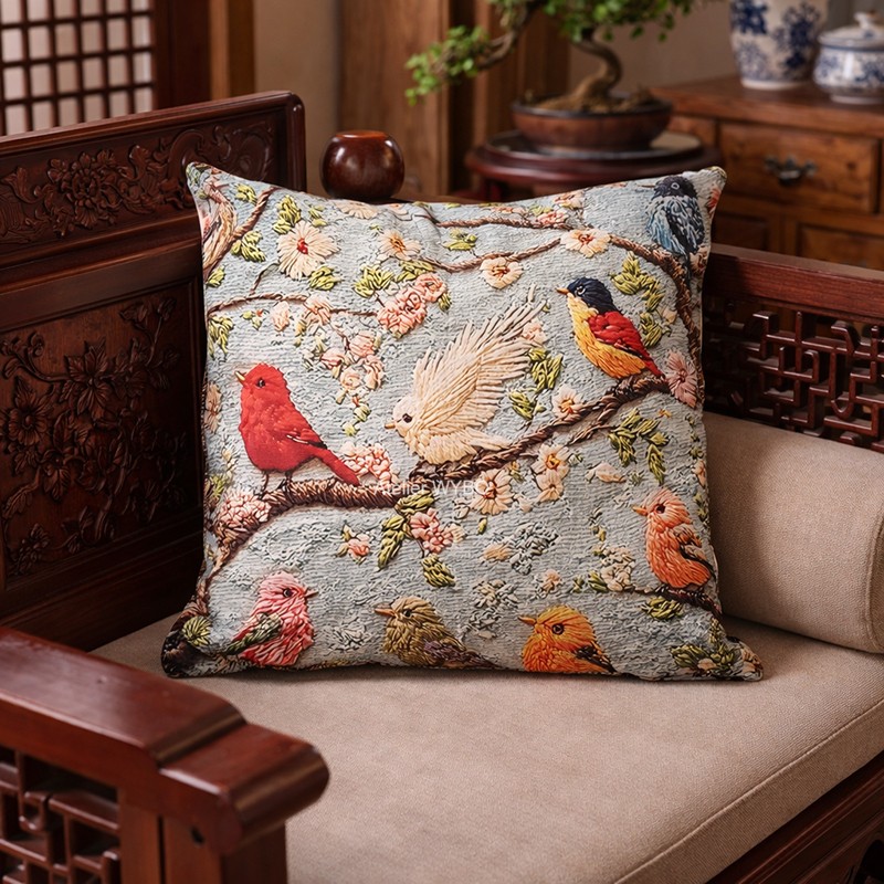 Coussin fleurs et oiseaux colorés sur fond bleu gris, posé sur une chaise en bois sculpté traditionnelle.
