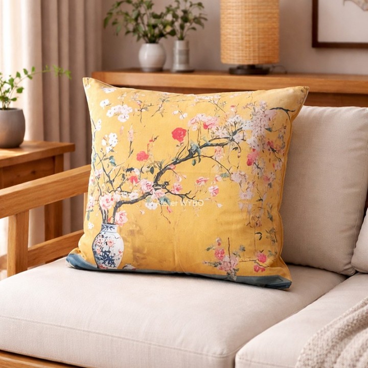 Coussin jaune couleur dégradée motif floral, branches de fleurs sur vase en porcelaine.
