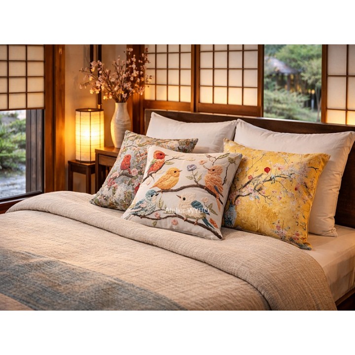 Déco élégant chambre japonaise, coussins fleurs et oiseaux esprit zen.