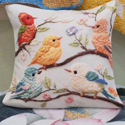 Coussin japonais "Oiseaux du Printemps" - Design Trompe l'Œil 3D Effet Brodé
