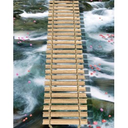 revêtement de sol vinyle autocollant pvc personnalisé paysage romantique pont de corde sur la rivière avec les pétales de rose