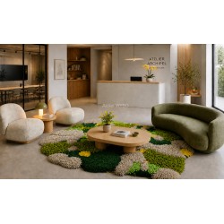 Tapis 3D "mimosa et forêt" dans une salle d'attente, le chic de la Riviera s'exprime dans chaque relief.