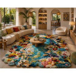 Tapis salon coraux et poissons en relief sculpté à la main, un profondeur inédite à votre intérieur.