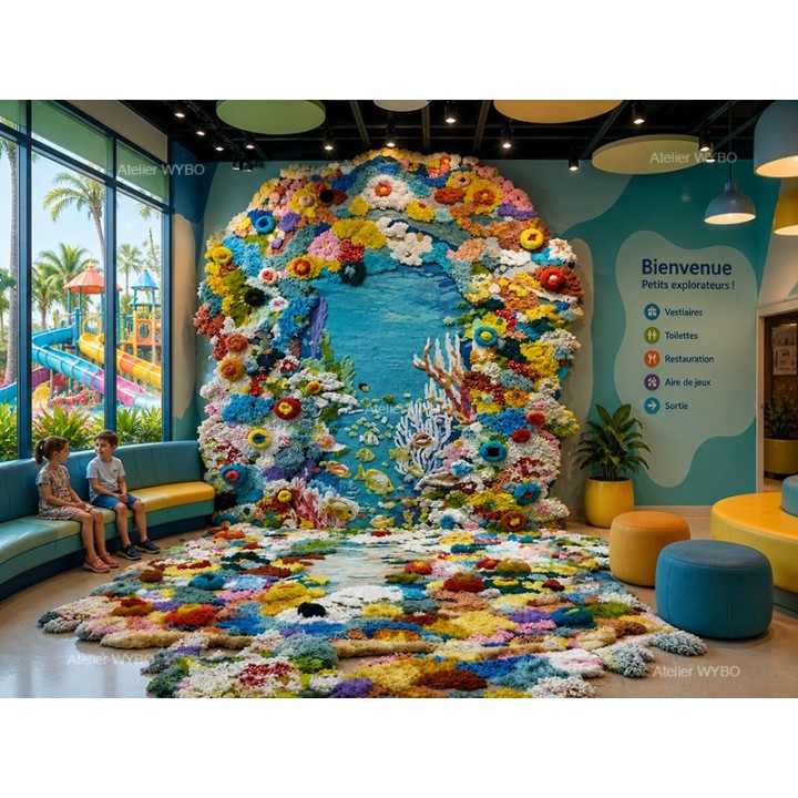 Tapis 3D mur-sol continu dans un parc aquatique pour enfant, paysage fond marin, coraux multicolores et poissons en relief.