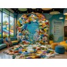 Tapis 3D mur-sol continu dans un parc aquatique pour enfant, paysage fond marin, coraux multicolores et poissons en relief.