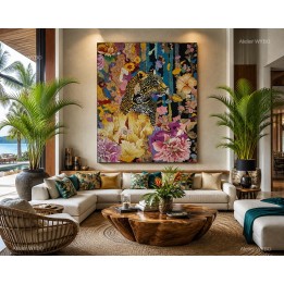 Tapis mural 3D panthère émerge des fleurs tropicales, sculpture sur laine d'une précision extrême.