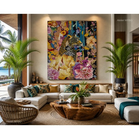 Tapis mural 3D panthère émerge des fleurs tropicales, sculpture sur laine d'une précision extrême.