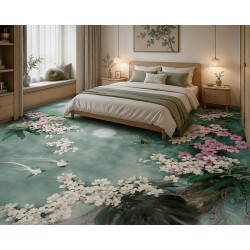 Aménagement chambre parental, tapis fresque asiatique zen. Velours doux, entretien facile.