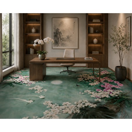 Décoration sol personnalisé bureau floral, tapis panoramique fleurs d'orchidée couvrant tout la pièce.