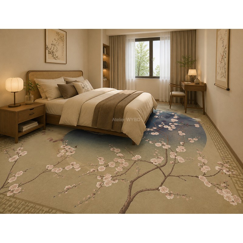 Tapis Panoramique "L'Éclosion Zen", Fresque Pour Sol - Fleurs de Pêcher et Oiseaux