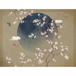 Tapis Panoramique "L'Éclosion Zen", Fresque Pour Sol - Fleurs de Pêcher et Oiseaux