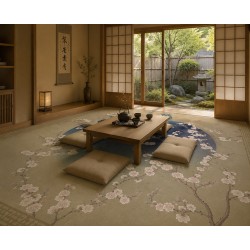 Tapis Panoramique "L'Éclosion Zen", Fresque Pour Sol - Fleurs de Pêcher et Oiseaux