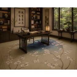 Tapis Panoramique "L'Éclosion Zen", Fresque Pour Sol - Fleurs de Pêcher et Oiseaux