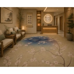 Tapis Panoramique "L'Éclosion Zen", Fresque Pour Sol - Fleurs de Pêcher et Oiseaux