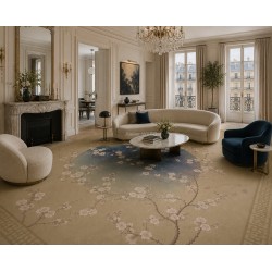 Tapis Panoramique "L'Éclosion Zen", Fresque Pour Sol - Fleurs de Pêcher et Oiseaux