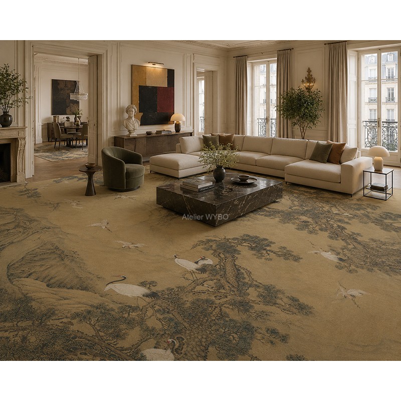 Tapis-Fresque Panoramique sur mesure – Collection "Grues du Japon & Monts Brumeux"