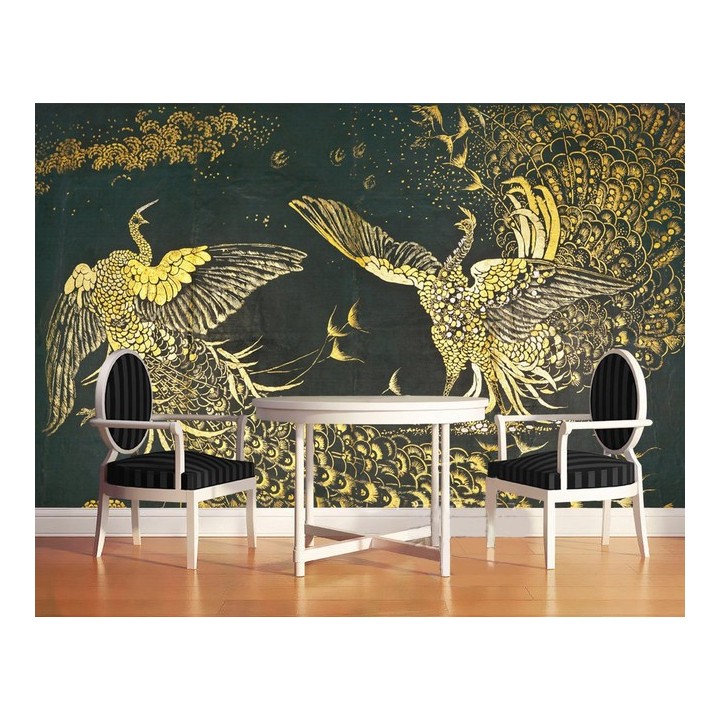 décoration style asiatique papier peint chinois sur mesure tapisserie numérique phénix doré sur fond noir